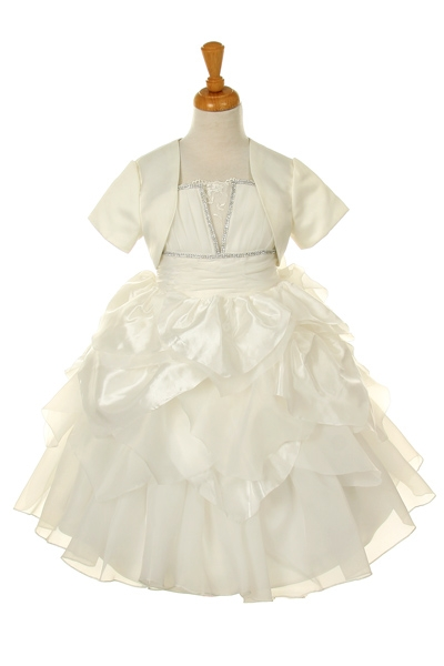 Taffeta spaghetti strap dress with layered pick-up skirt and bow back